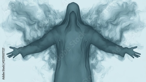 Mysterious hooded figure engulfed in ethereal teal smoke, arms outstretched in a gesture of acceptance or surrender.