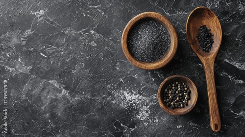 Black stone kitchen counter with spices in wooden bowls photo