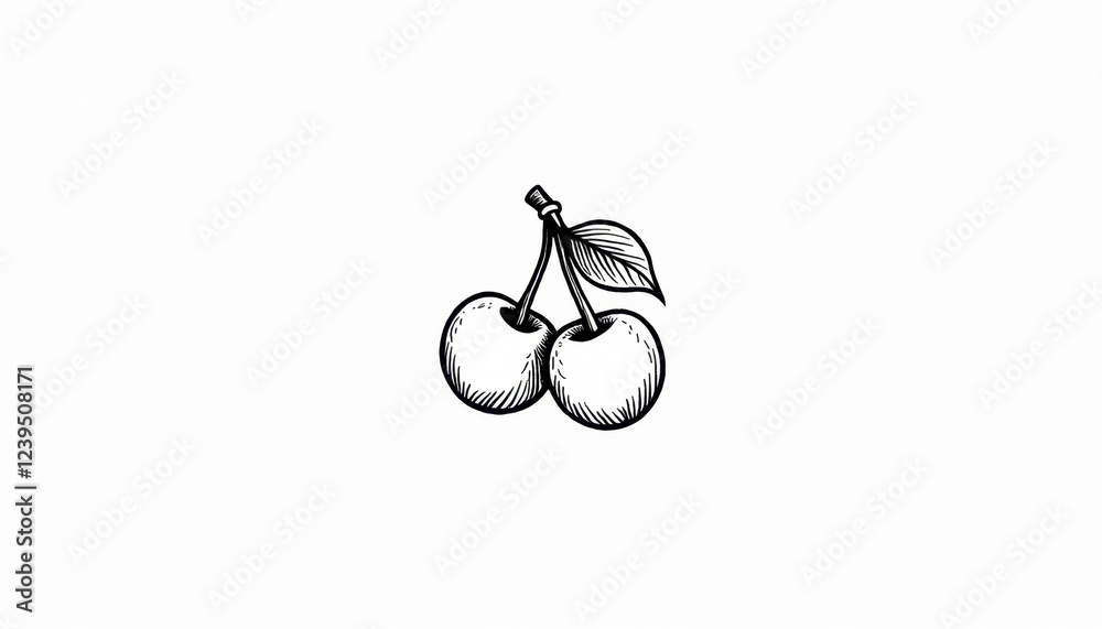 Black and white illustration of a pair of cherries with leaves on a white background, simple and sweet design concept. Black and white illustration of a pair of cherries with leaves on a white background, simple and sweet design concept.