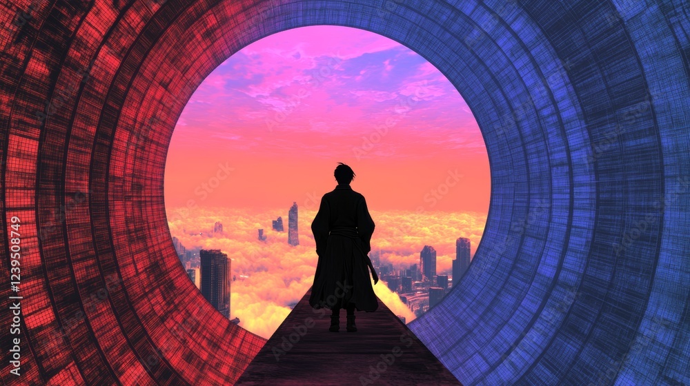 Fototapeta premium Silhouette of a person walking towards a futuristic city at sunset, viewed through a circular tunnel.