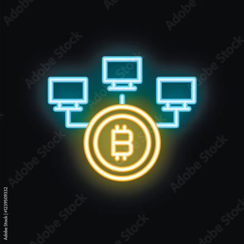 Neon icon of a bitcoin network connecting computers using blockchain technology