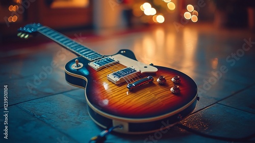 Sunburst guitar rests on floor, festive lights