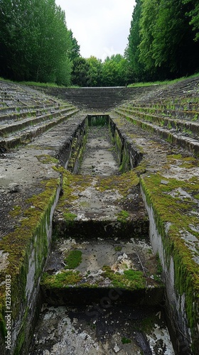 Nature gently reclaims a forgotten stadium, with moss carpeting the stone steps and greenery framing the once vibrant venue, creating a serene, nostalgic atmosphere that whispers of past events photo