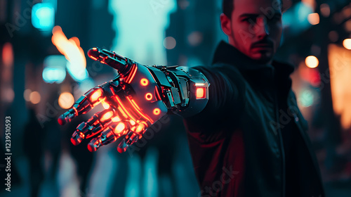 Cyberpunk man with metallic arm and neon markings in urban setting at night. Sci-Fi Influence. Illustration photo