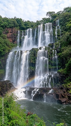 Majestic Waterfall Cascading Over Lush Green Cliffs with Rainbow in Misty Atmosphere under Partly Cloudy Sky in Tropical Forest National Park