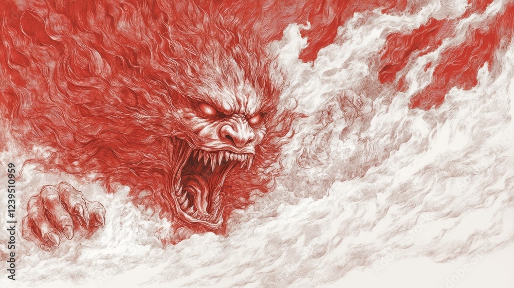 Obraz premium Fierce red creature emerging from clouds, a dramatic digital illustration.