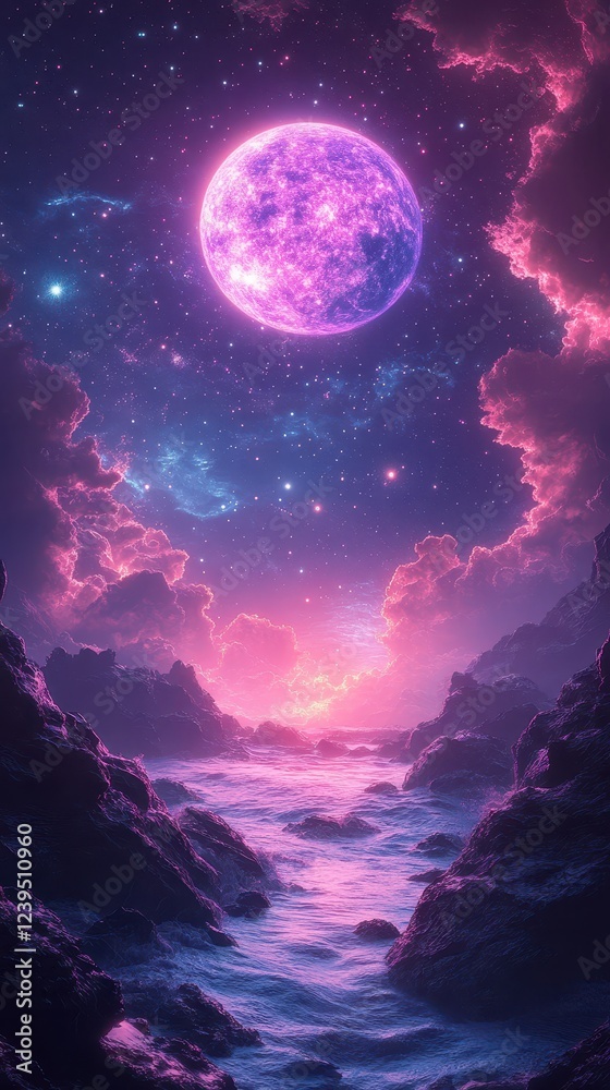 Dreamy Cosmic Landscape with Glowing Moon and Ocean Dreamy Cosmic Landscape with Glowing Moon and Ocean