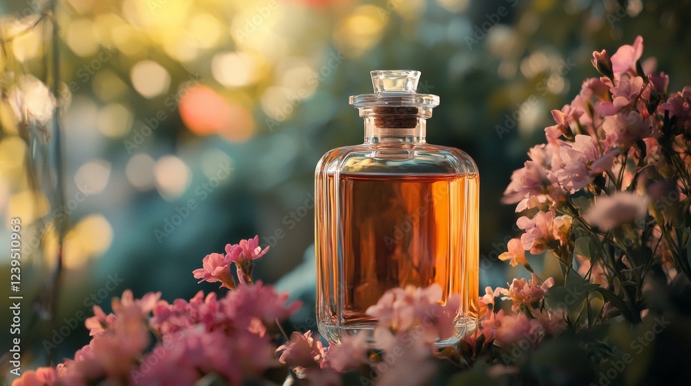 Elegant glass perfume bottle among pink flowers Elegant glass perfume bottle among pink flowers