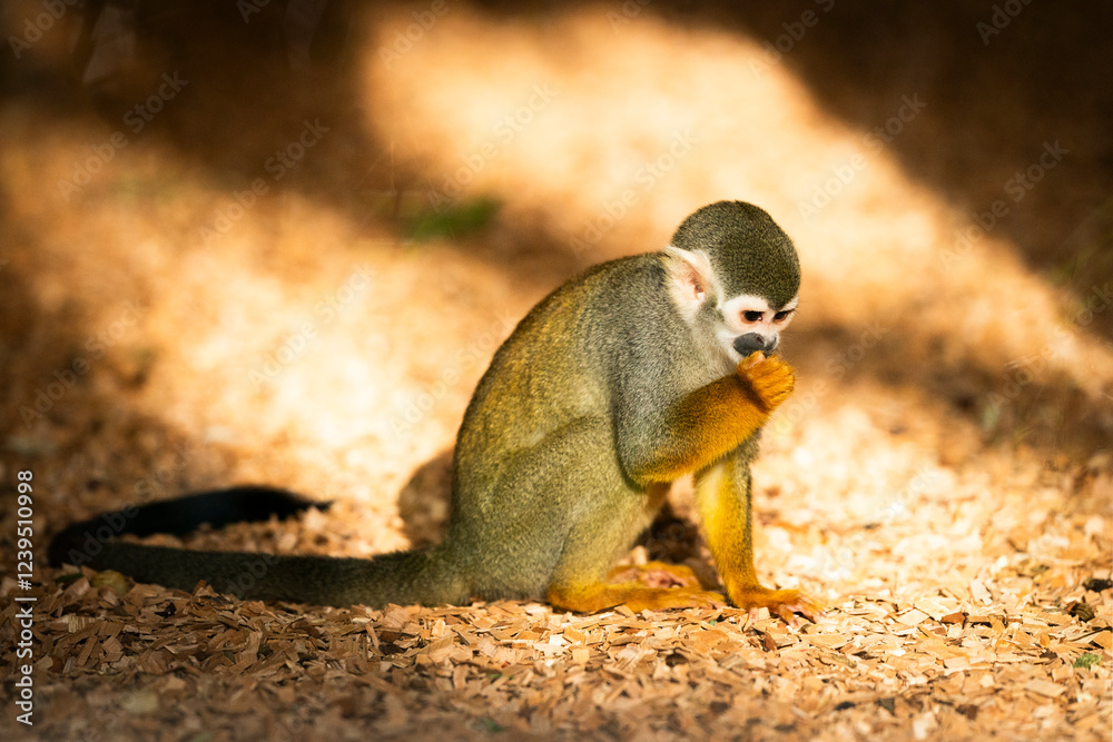 Fototapeta premium Close-up of a South American squirrel monkey (Saimiri sciureus) eating fruit in a zoological park