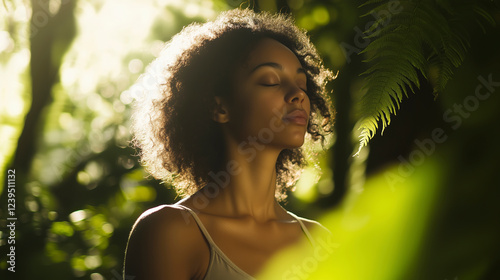 Woman Relaxing in Tropical Nature. Advertising  promo image for For cosmetology, spiritual practices, travel agencies. Blurred background, Space for text.	 photo