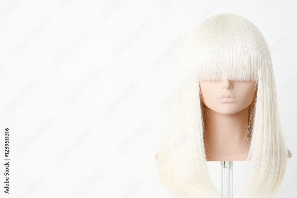 Mannequin with long straight platinum blonde wig with full bangs on neutral background Mannequin with long straight platinum blonde wig with full bangs on neutral background