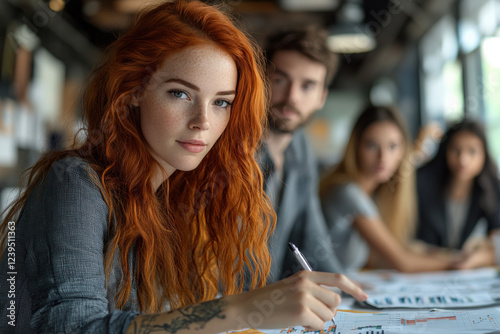 Red Haired business woman looking confident into the camera with Focused Team Collaborating on a Project in the background photo