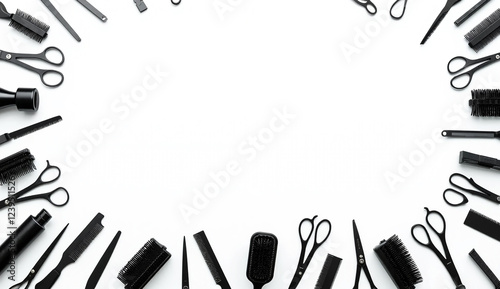 Composition with scissors and other hairdresser's accessories on white background, top view photo