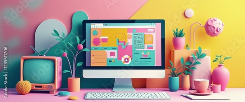 This lively workspace features a modern computer displaying a colorful interface, surrounded by playful decor in pastel hues. The combination of retro items like a vintage TV and whimsical plants