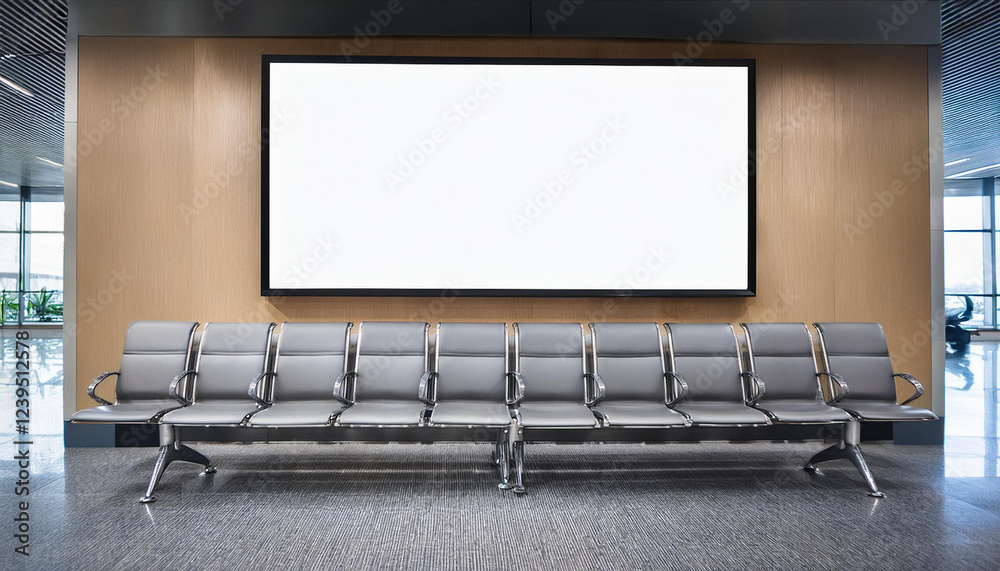 Obraz premium イスが並ぶ待合室の壁に設置されてた何も書かれていない真っ白なホワイトボードの伝言掲示板。コピースペースあり。AIで生成 