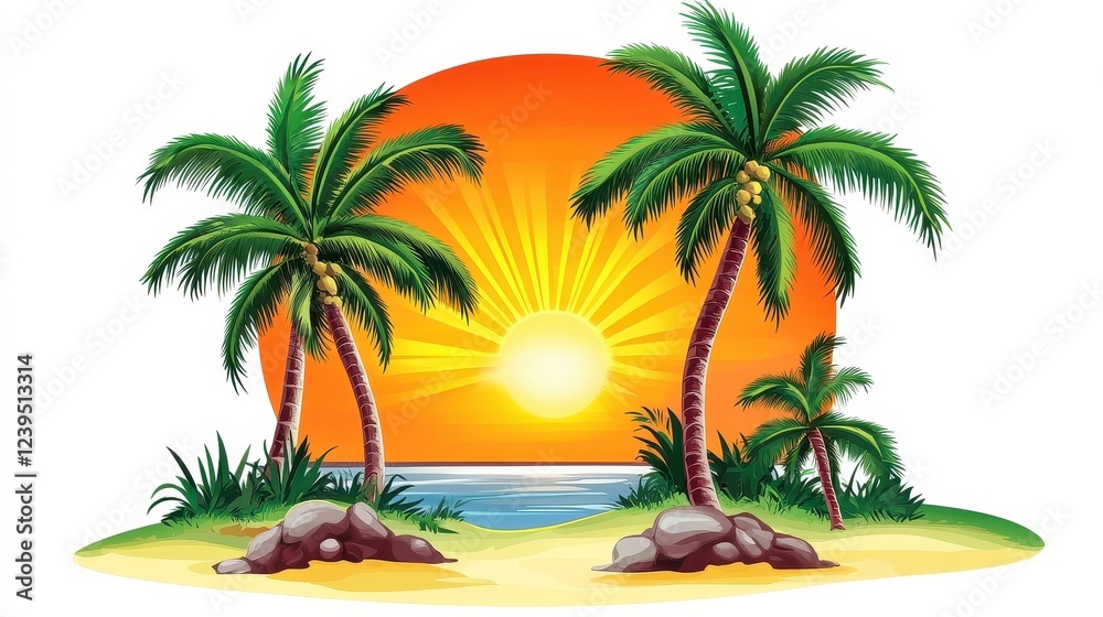 Tropical Beach Sunset with Palm Trees and Calm Ocean Scene Tropical Beach Sunset with Palm Trees and Calm Ocean Scene