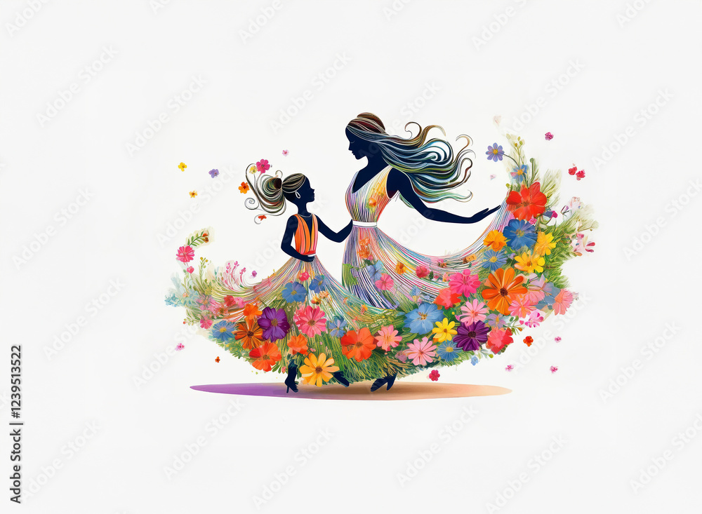 Obraz premium Silhouette of a mother and daughter, their flowing dresses formed from vibrant flowers against a white background. A tender moment of connection and joy.