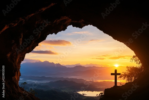 Scenic sunrise view from cave with cross overlooking mountain valley photo