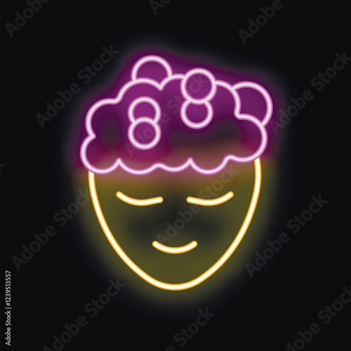 Neon sign representing a smiling face with soap bubbles on its head, evoking a sense of relaxation and well being