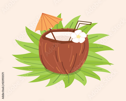 coconut. The tropical fruit is coconut. coconut chips. coconut grew on a palm tree. coconut milk. an artful cocktail. a fruit painted in a flat style. vector. delicious milk.	
