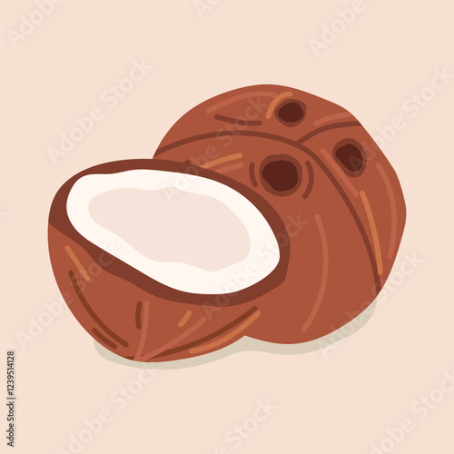 coconut. The tropical fruit is coconut. coconut chips. coconut grew on a palm tree. coconut milk. an artful cocktail. a fruit painted in a flat style. vector. delicious milk.	
