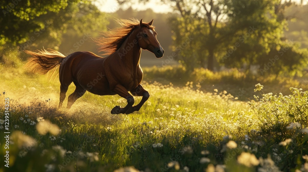 A graceful mare galloping through a sunlit meadow, mane flowing in the wind A graceful mare galloping through a sunlit meadow, mane flowing in the wind