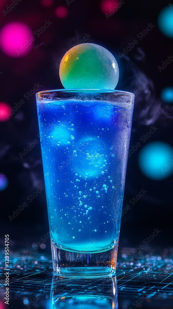 Neon smoke futuristic cyberpank cocktail. Galaxy bar alcohol drink concept on cosmic background. Modern sci-fi aesthetic. Neon smoke futuristic cyberpank cocktail. Galaxy bar alcohol drink concept on cosmic background. Modern sci-fi aesthetic.