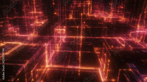 Abstract digital glowing network with interconnected red lines and shapes