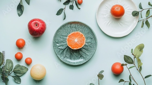 Flat lay of fresh fruits and greens on pastel plates photo