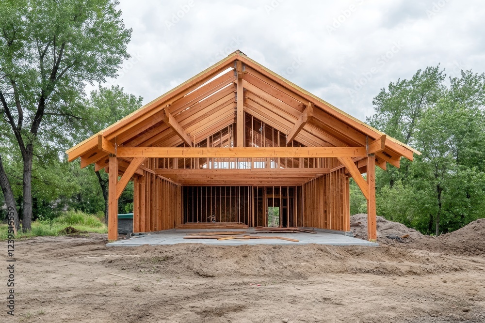 Timber framed under construction home with roof joints Timber framed under construction home with roof joints