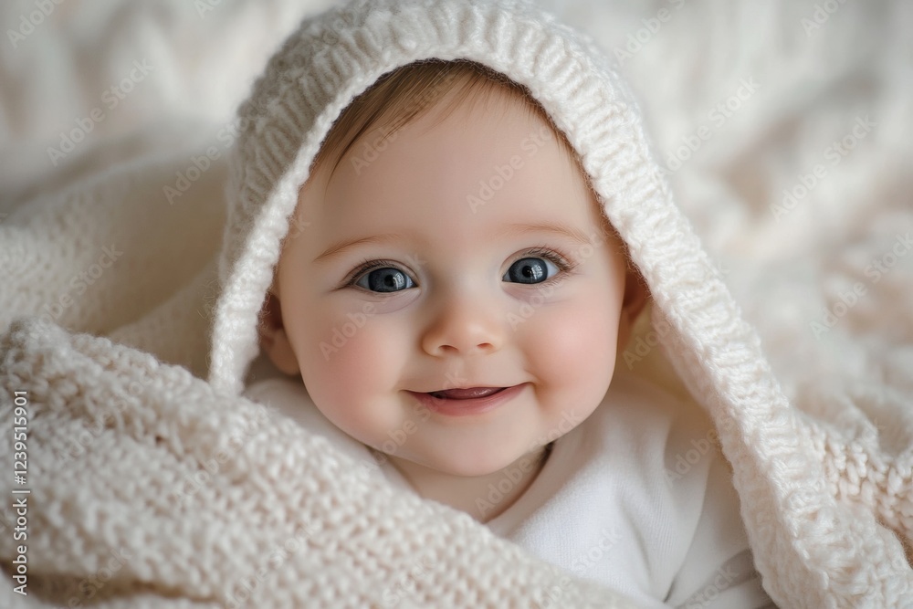 Smiling baby with blue eyes wearing white knitted hat under cozy blanket in a soft indoor setting. Generative AI Smiling baby with blue eyes wearing white knitted hat under cozy blanket in a soft indoor setting. Generative AI