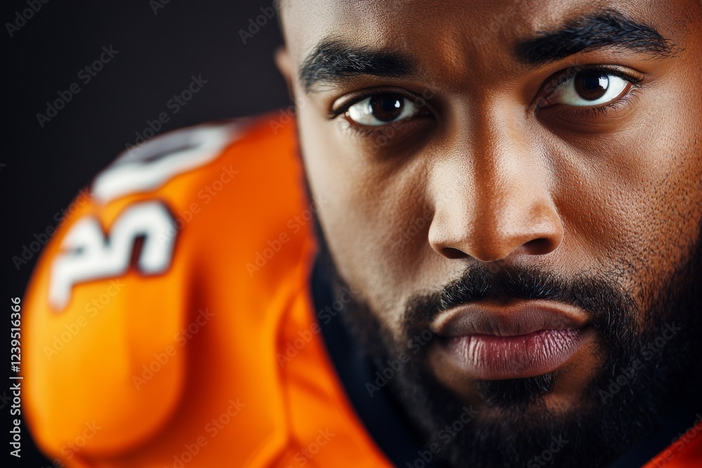 Fototapeta premium Focused african male athlete in orange jersey close-up portrait