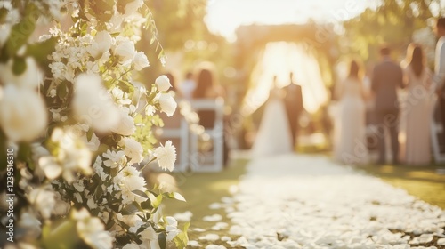 Photo of wedding aisle flowers, petals, view on a wedding ceremony, bride and groom taking vows