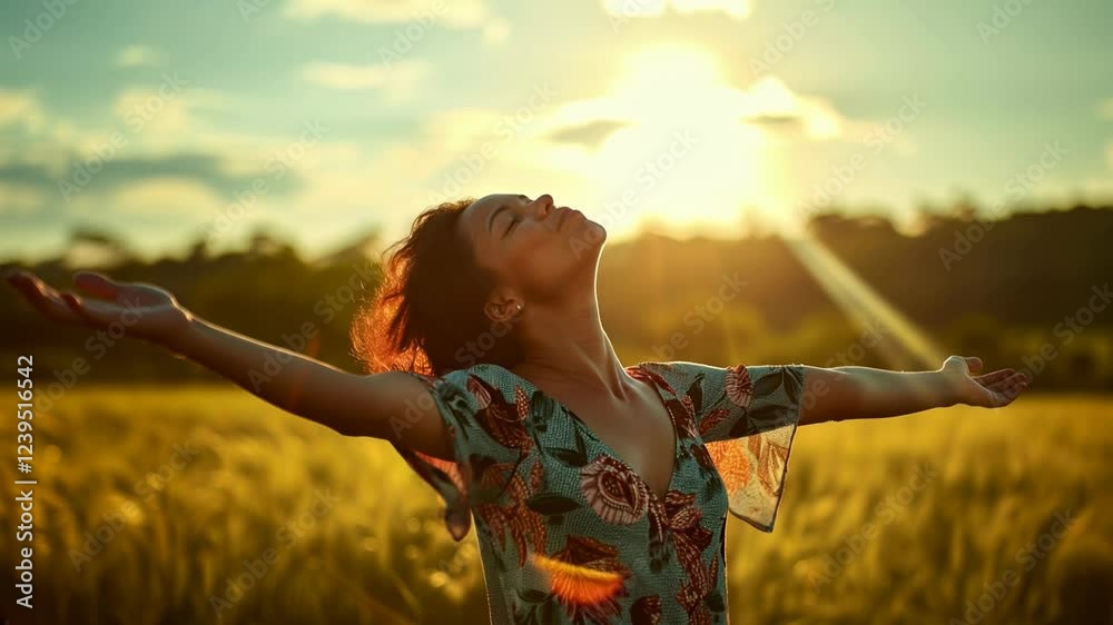 Backlit Portrait of calm happy smiling free black woman with open arms and closed eyes enjoys a beautiful moment life on the fields at sunset	
