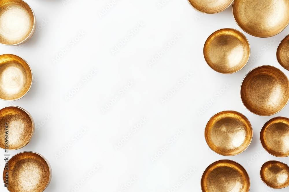 Top down arrangement of gold singing bowls on a white backdrop Area for text Top down arrangement of gold singing bowls on a white backdrop Area for text