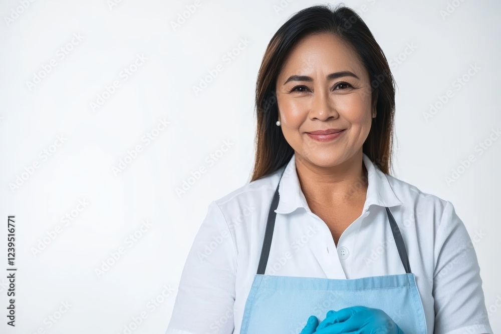 Asian female chef smiling with kitchen apron and gloves Asian female chef smiling with kitchen apron and gloves