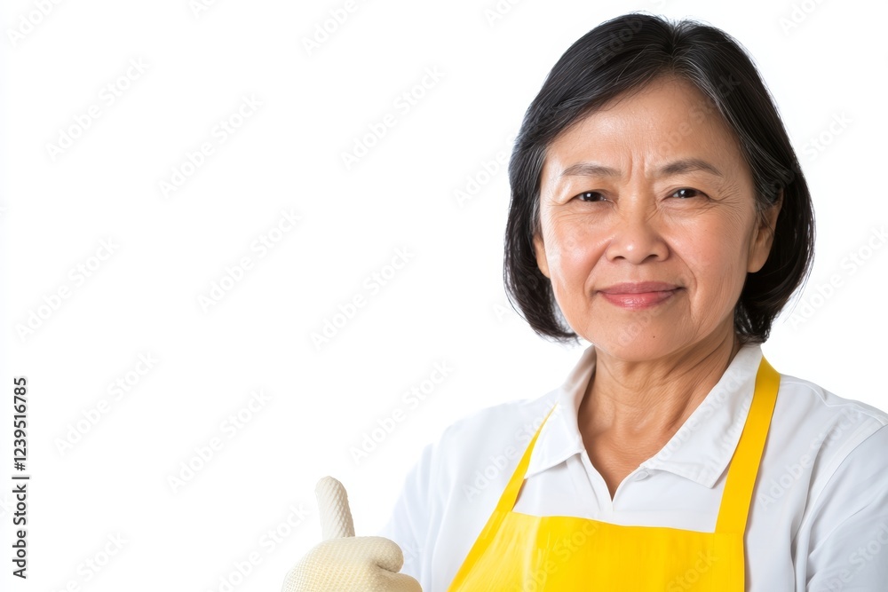 Smiling asian mature female in yellow apron showing thumbs up Smiling asian mature female in yellow apron showing thumbs up