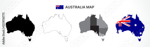 Detailed Australia Map Collection with Outline, Silhouette, States and Territories, and Flag Overlay Variations