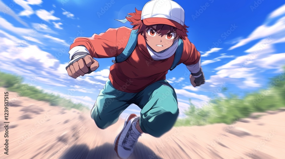 Obraz premium Young man in red sprints across a sandy path under a vibrant blue sky. Determination etched on his face.