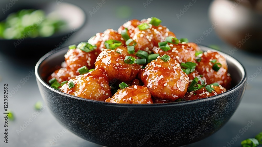 Sweet and sour chicken, garnished with spring onions, served in a black bowl Sweet and sour chicken, garnished with spring onions, served in a black bowl