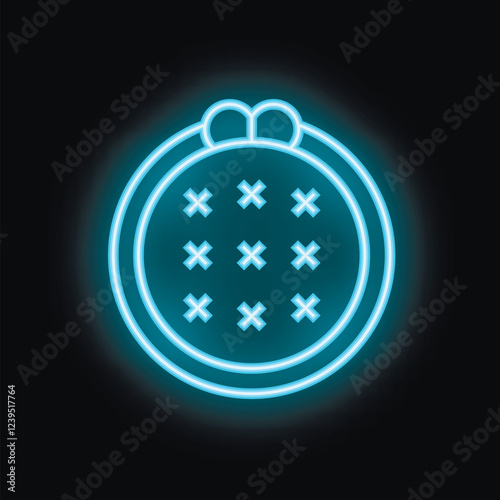 Blue neon sign representing an embroidery hoop with a cross stitch pattern, evoking crafts and hobbies