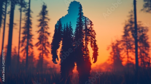 A mysterious figure blends seamlessly with the forest at sunset, creating a captivating image of nature's enigma.