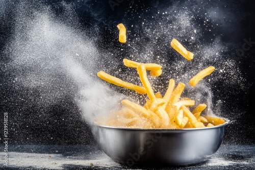 Golden french fries falling into metallic bowl with flour dust cloud photo