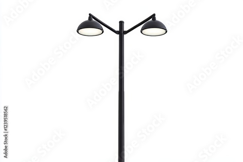 Minimalist black double-headed street lamp against white background photo