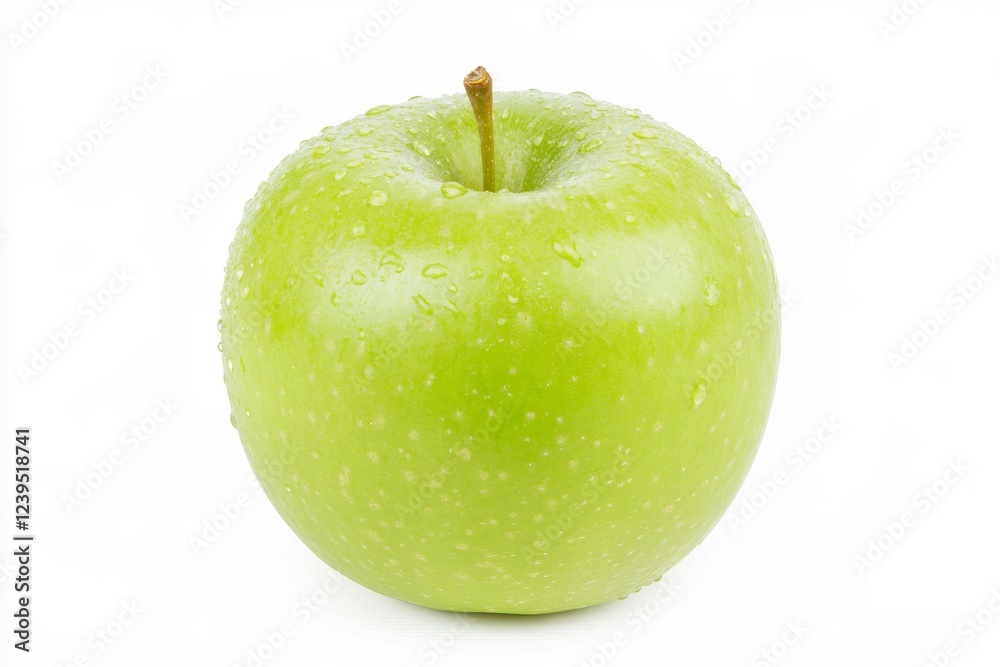 Fresh green apple with water droplets on white background Fresh green apple with water droplets on white background