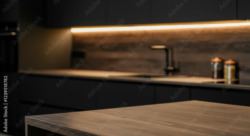 Obraz premium Modern kitchen interior with sleek design and warm lighting accents