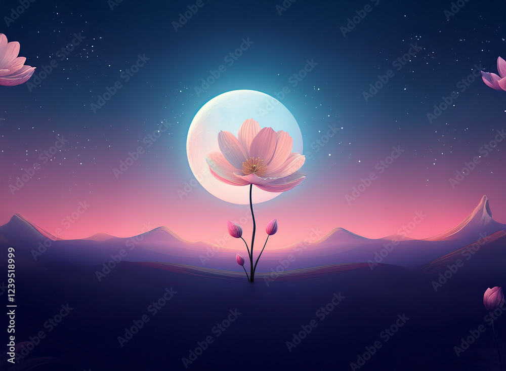 Obraz premium A single, luminous pink flower blossoms under a large moon in a dreamy, pastel landscape. The night sky twinkles above a soft, purple and pink mountain range.