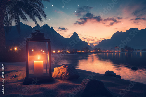 A scenic view of a glowing over a serene desert landscape at night, with a warm and festive ambiance, surrounded by golden lanterns and subtle starry skies, perfect for Eid Mubarak celebrations.