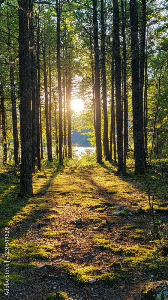 Golden rays of sunlight pour through the canopy, illuminating a lush forest pathway. Shadows dance on the mossy ground, while a peaceful lake glimmers in the distance, inviting adventure Golden rays of sunlight pour through the canopy, illuminating a lush forest pathway. Shadows dance on the mossy ground, while a peaceful lake glimmers in the distance, inviting adventure