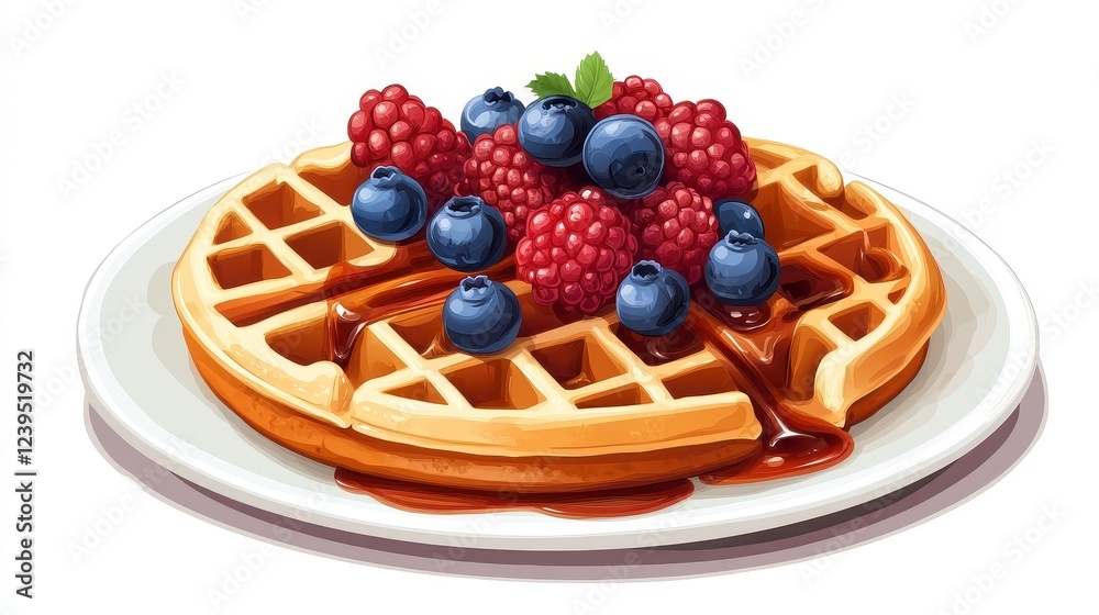 Delicious Waffles Topped with Fresh Berries and Syrup on Plate Delicious Waffles Topped with Fresh Berries and Syrup on Plate
